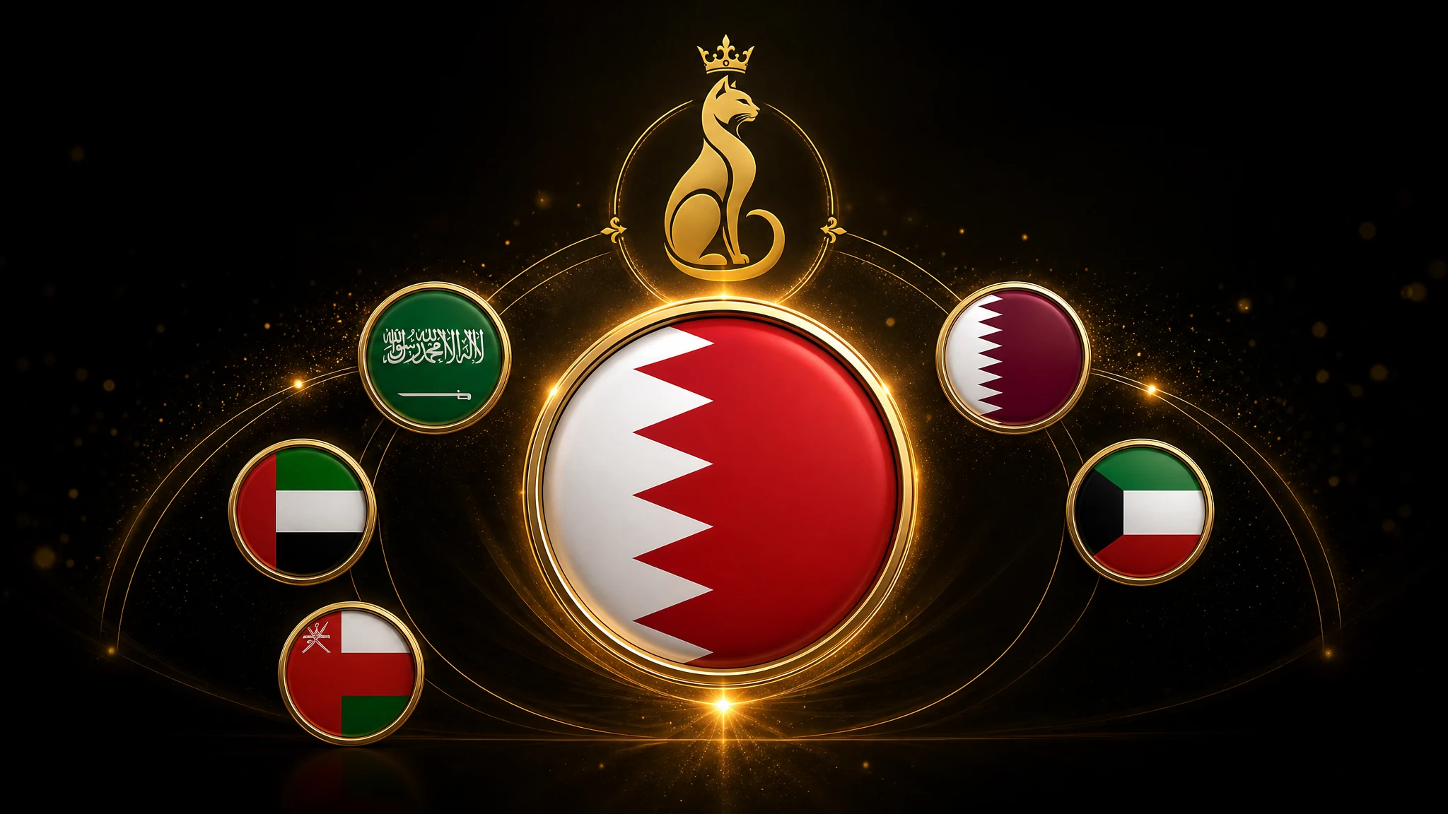 Gulf Cats and Kittens – Purebred Kittens Delivered to Bahrain Gulf Cats and Kittens Bahrain delivery banner featuring the Bahrain flag centrally with the crowned-cat gold emblem — purebred kittens delivered to Manama Riffa and Muharraq