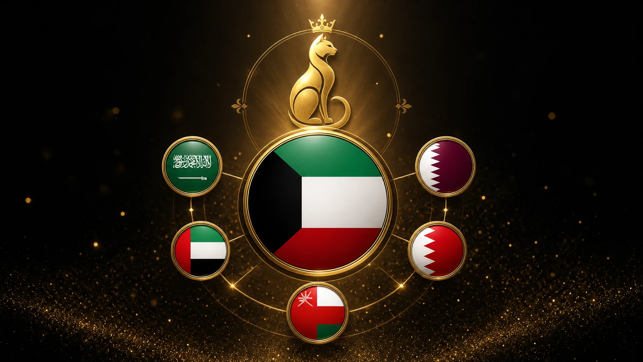 Gulf Cats and Kittens – Purebred Kittens Delivered to Kuwait Gulf Cats and Kittens Kuwait delivery banner featuring the Kuwait flag centrally with the crowned-cat gold emblem — purebred kittens delivered to Kuwait City Salmiya Hawalli Farwaniya and Ahmadi