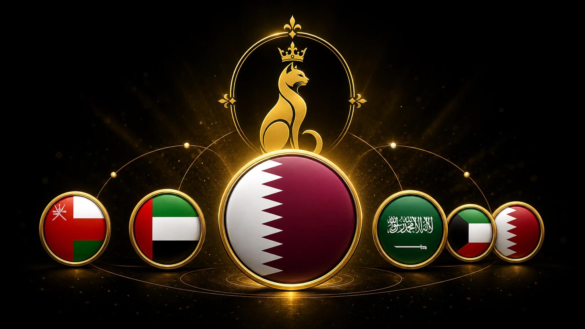 Gulf Cats and Kittens Qatar delivery banner featuring the Qatar flag centrally with the crowned-cat gold emblem — purebred kittens delivered to Doha Al Rayyan and Al Wakrah