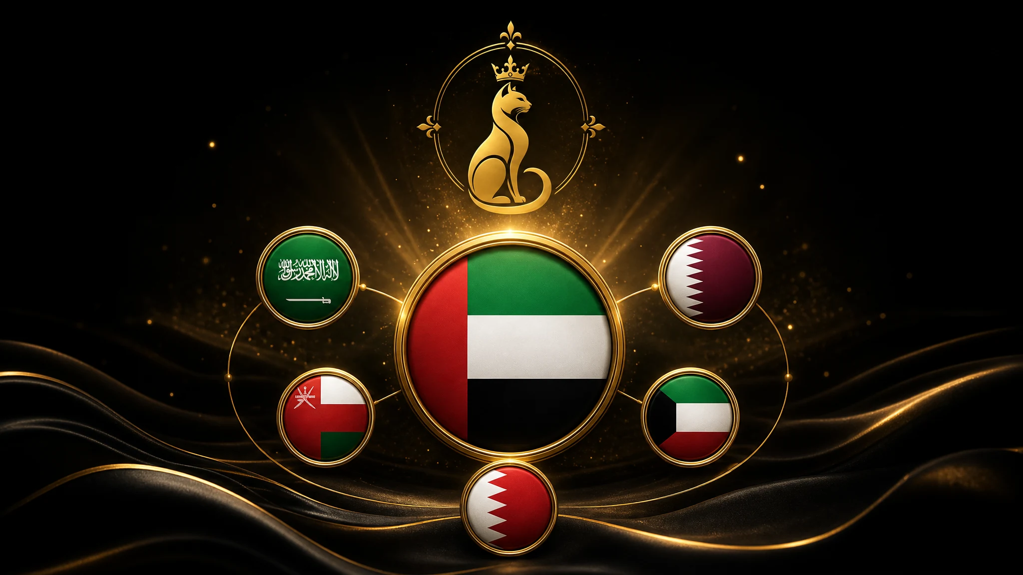 Gulf Cats and Kittens – Purebred Kittens Delivered to the UAE Gulf Cats and Kittens UAE delivery banner featuring the UAE flag centrally with the crowned-cat gold emblem — purebred kittens delivered to Dubai Abu Dhabi Sharjah and Ajman