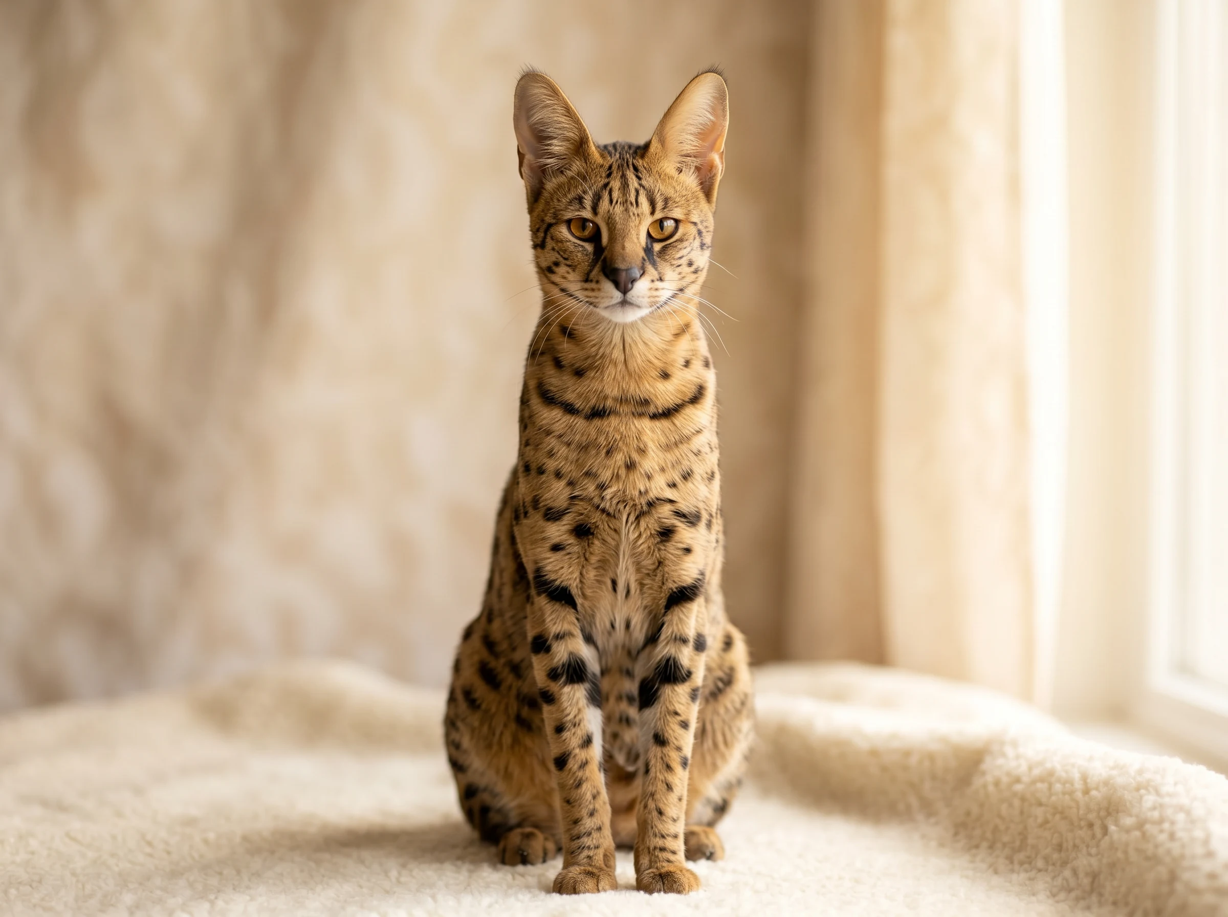 Savannah Kittens | Gulf Cats and Kittens Purebred Savannah cat with tall athletic build and striking spotted coat — WCF pedigree registered F4/F5 kittens available with free GCC delivery