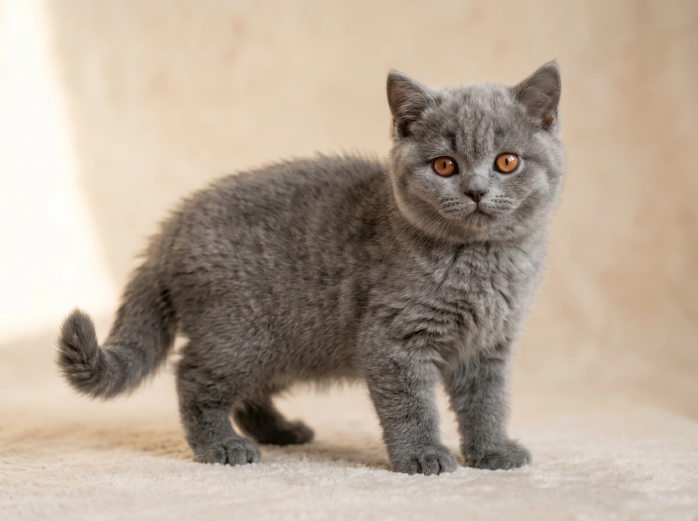 Full body view of Aurora, purebred 12-week-old British Blue British Shorthair kitten for sale in Kuwait