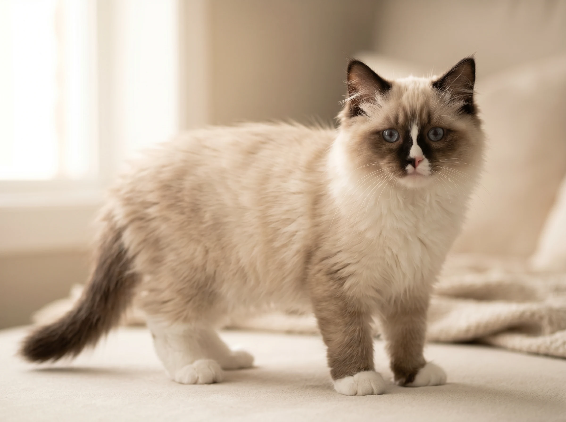 Full body view of Kaia, purebred 16-week-old Seal Mitted Ragamuffin kitten for sale in Kuwait