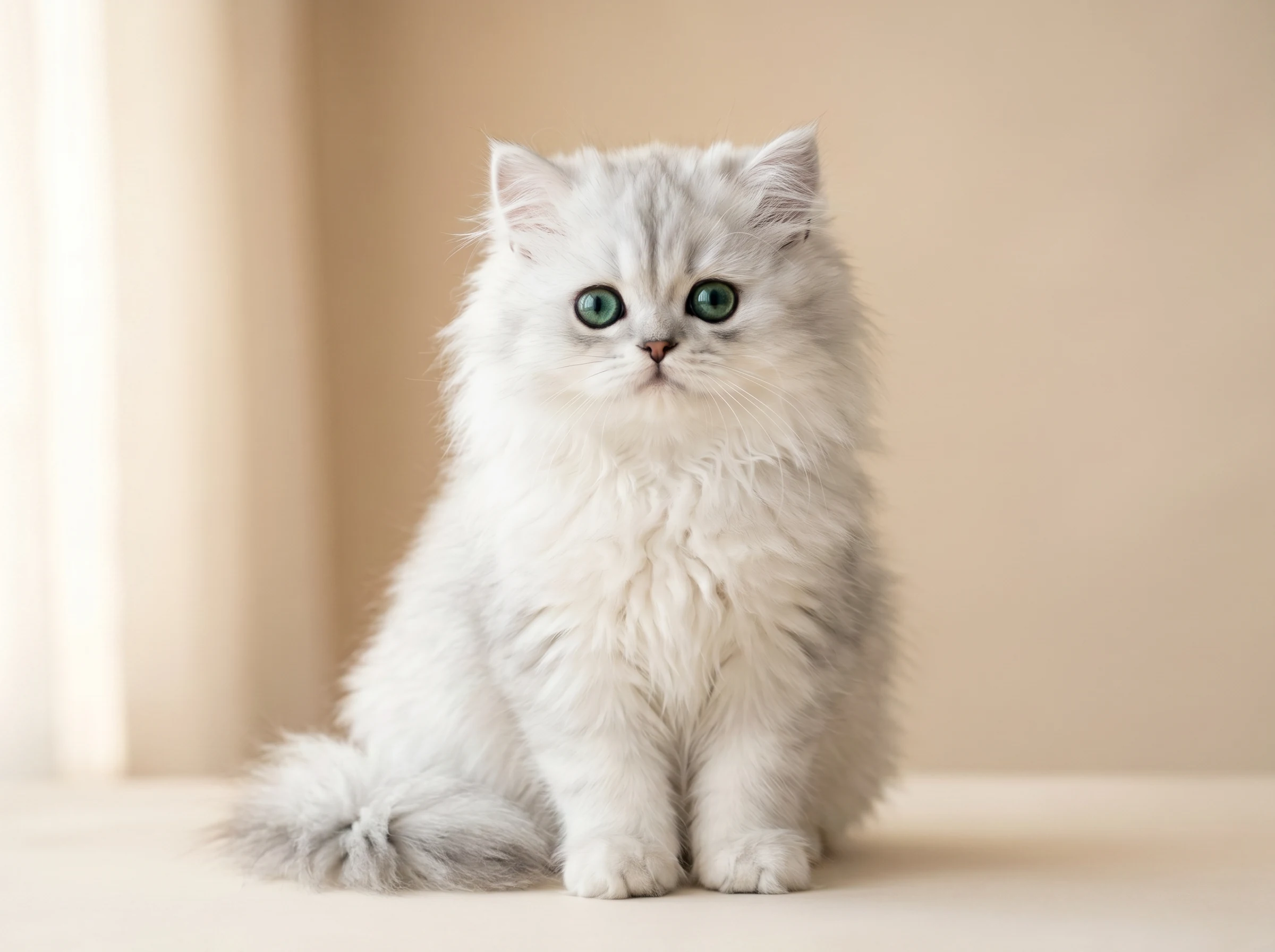 Full body view of Layla, purebred 13-week-old Chinchilla Silver Persian kitten for sale in Kuwait