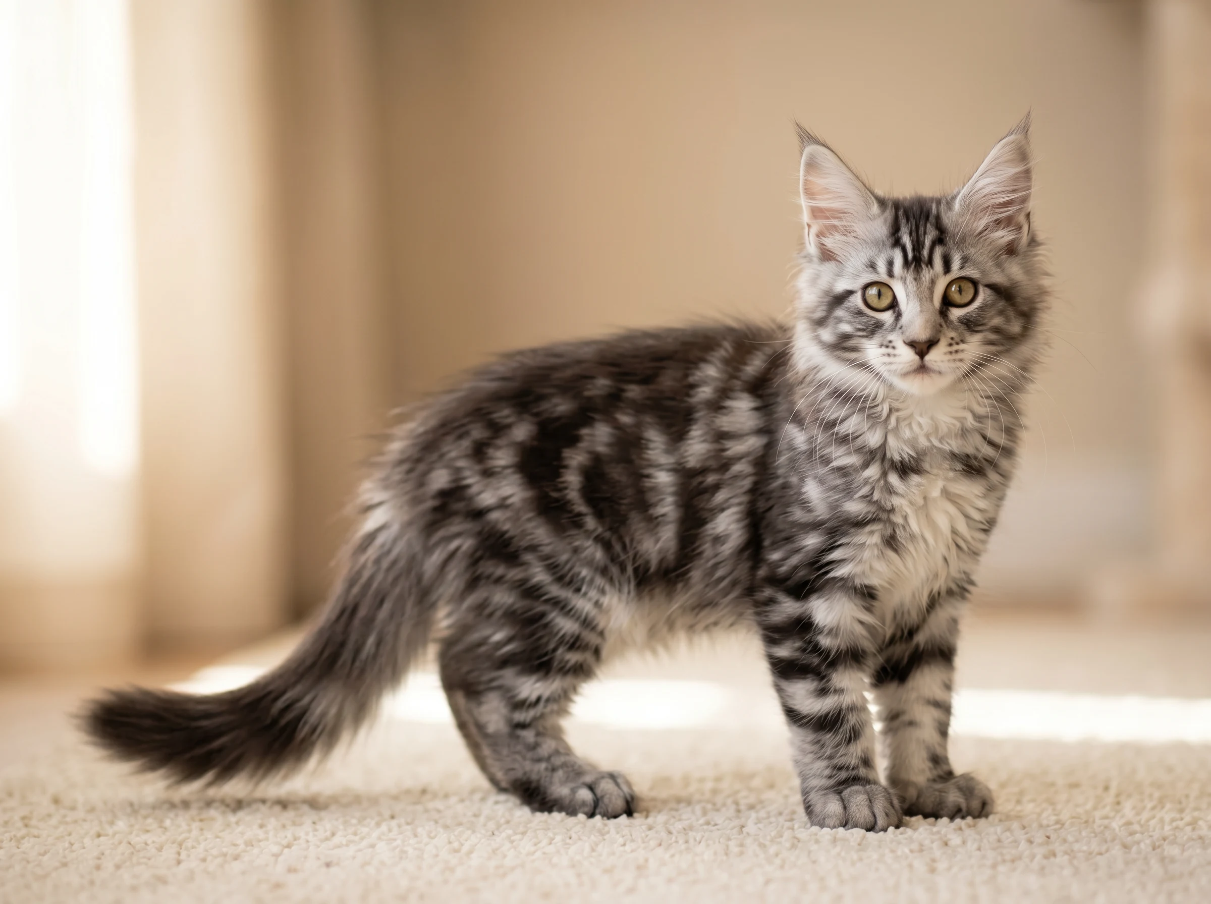 Full body view of Leo, purebred 15-week-old Silver Tabby Maine Coon kitten for sale in Kuwait