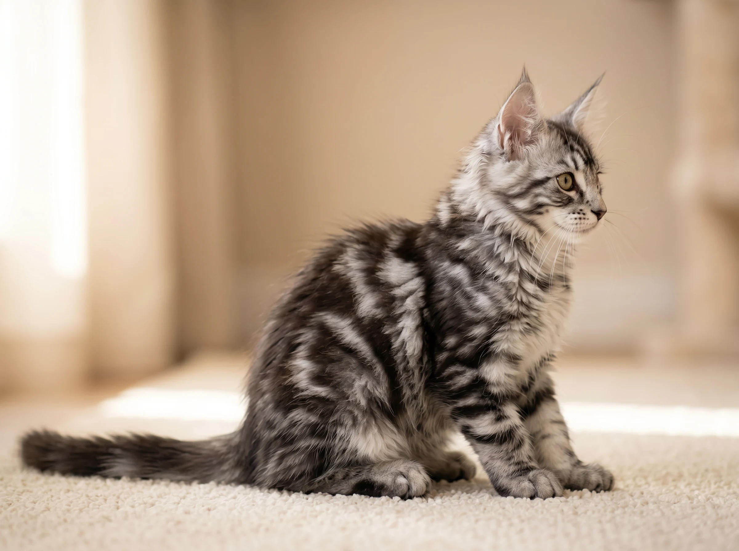 Side profile of Leo, 15-week-old Silver Tabby Maine Coon male kitten in Kuwait showing lynx-tipped ears and semi-long coat