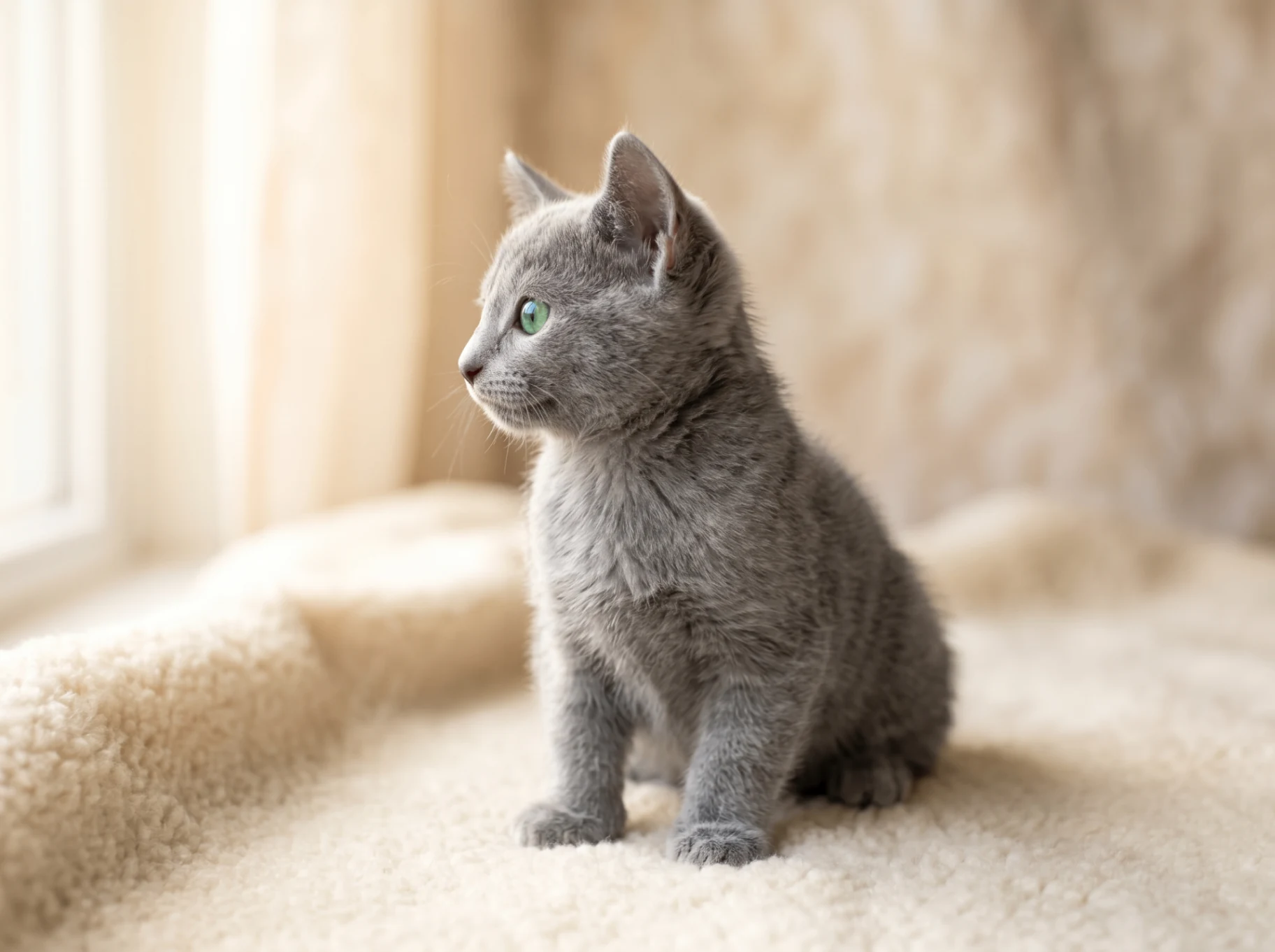 Misha – Side Profile | Russian Blue Kitten Kuwait Side profile of Misha, 9-week-old Russian Blue female kitten in Kuwait showing elegant silhouette