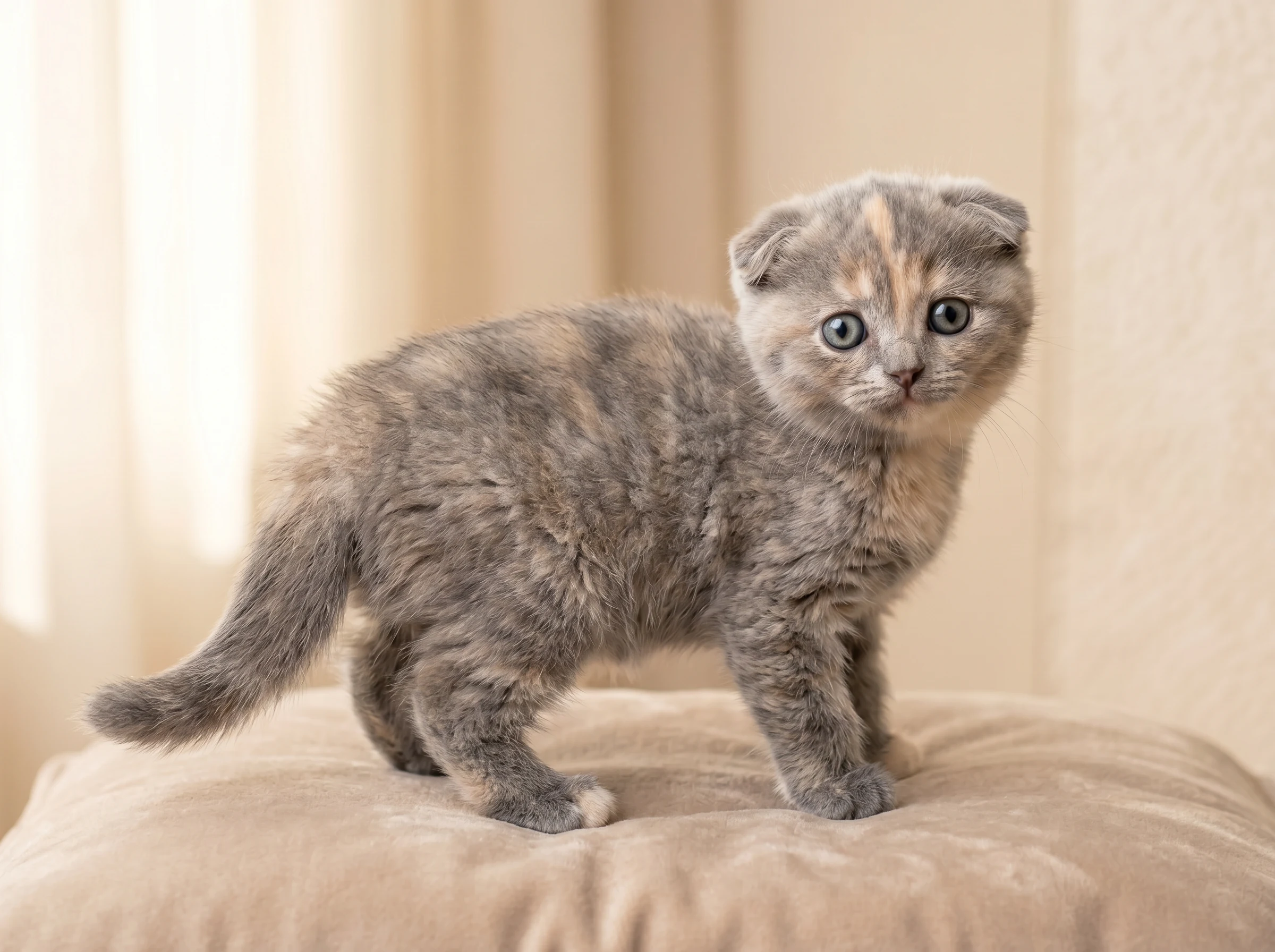 Full body view of Nour, purebred 8-week-old Blue Cream Scottish Fold female kitten for sale in Kuwait