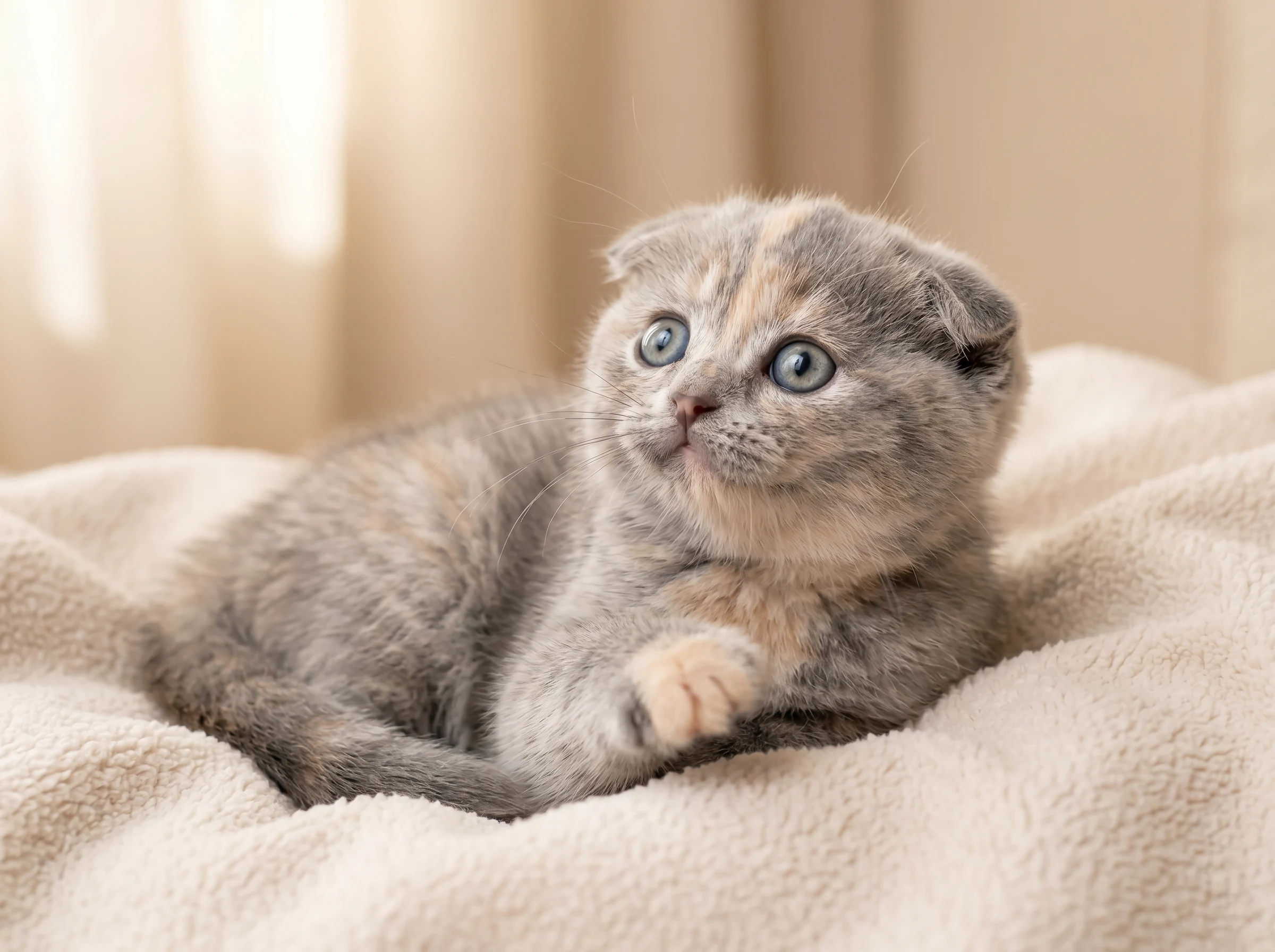 Playful moment of Nour, WCF & CFA registered 8-week-old Blue Cream Scottish Fold kitten available in Kuwait with free GCC delivery