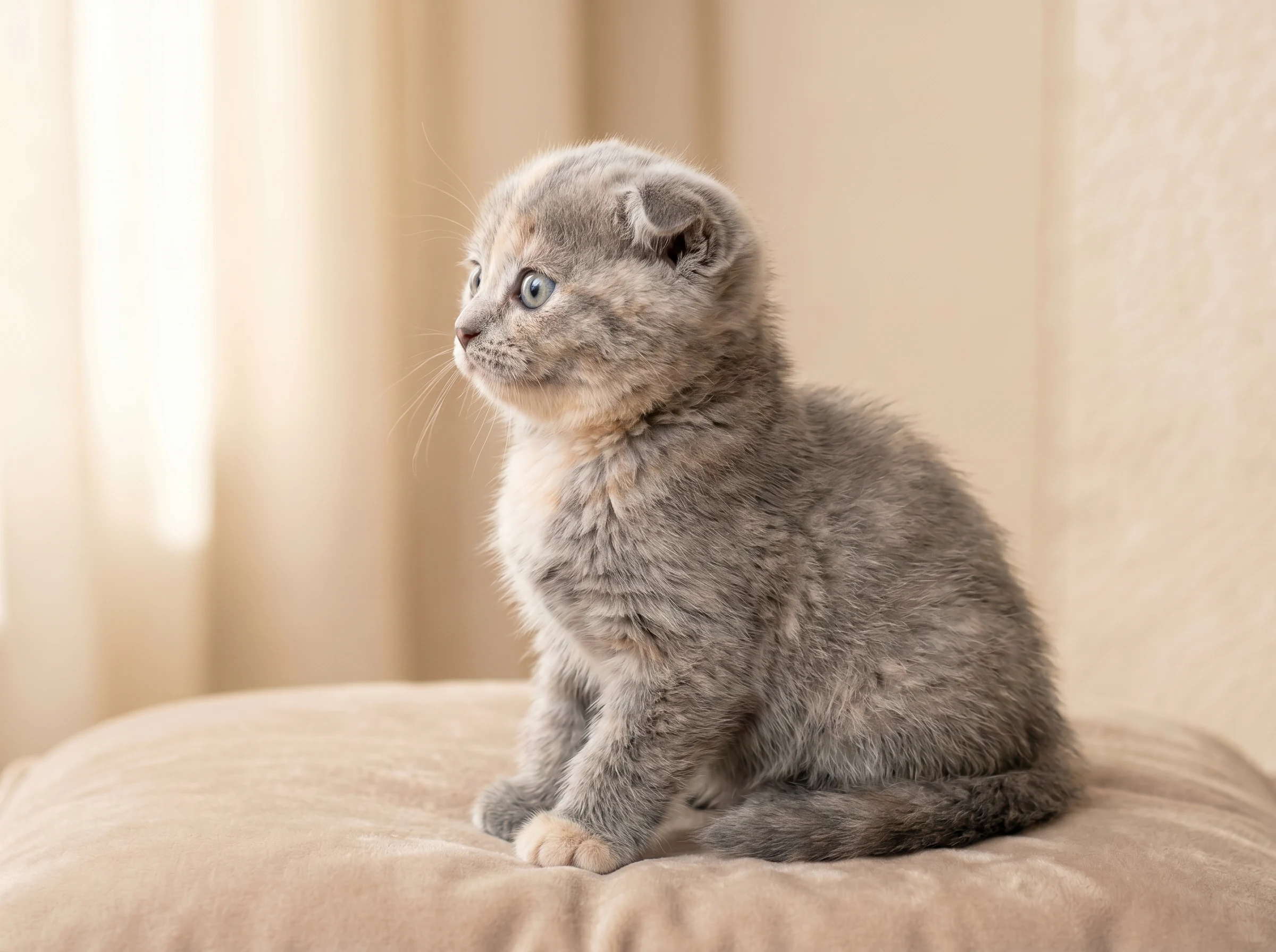 Side profile of Nour, 8-week-old Blue Cream Scottish Fold female kitten in Kuwait showing signature folded ears