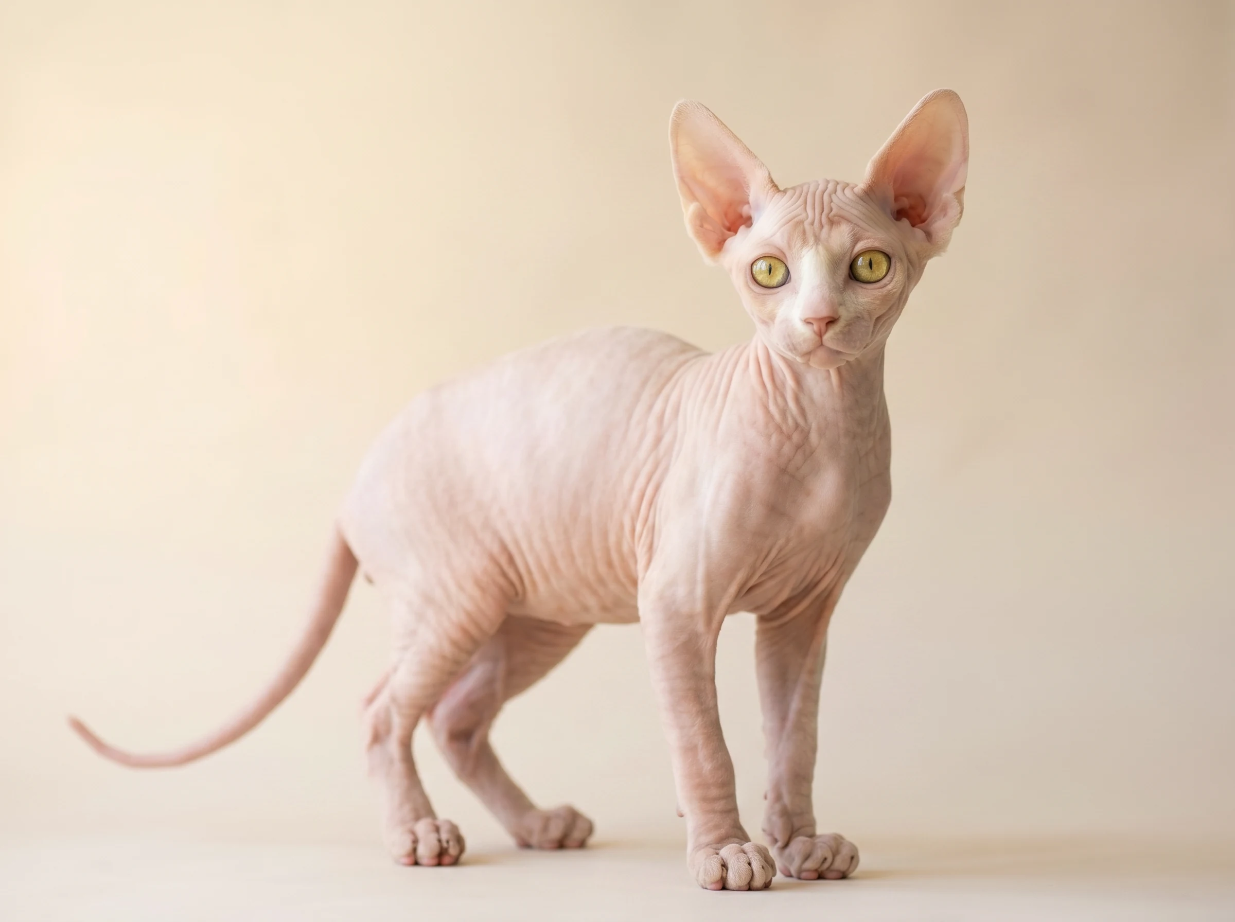 Ozzy – Full Body View | Sphynx Kitten Kuwait Full body view of Ozzy, purebred 10-week-old Pink & Cream Sphynx male kitten for sale in Kuwait