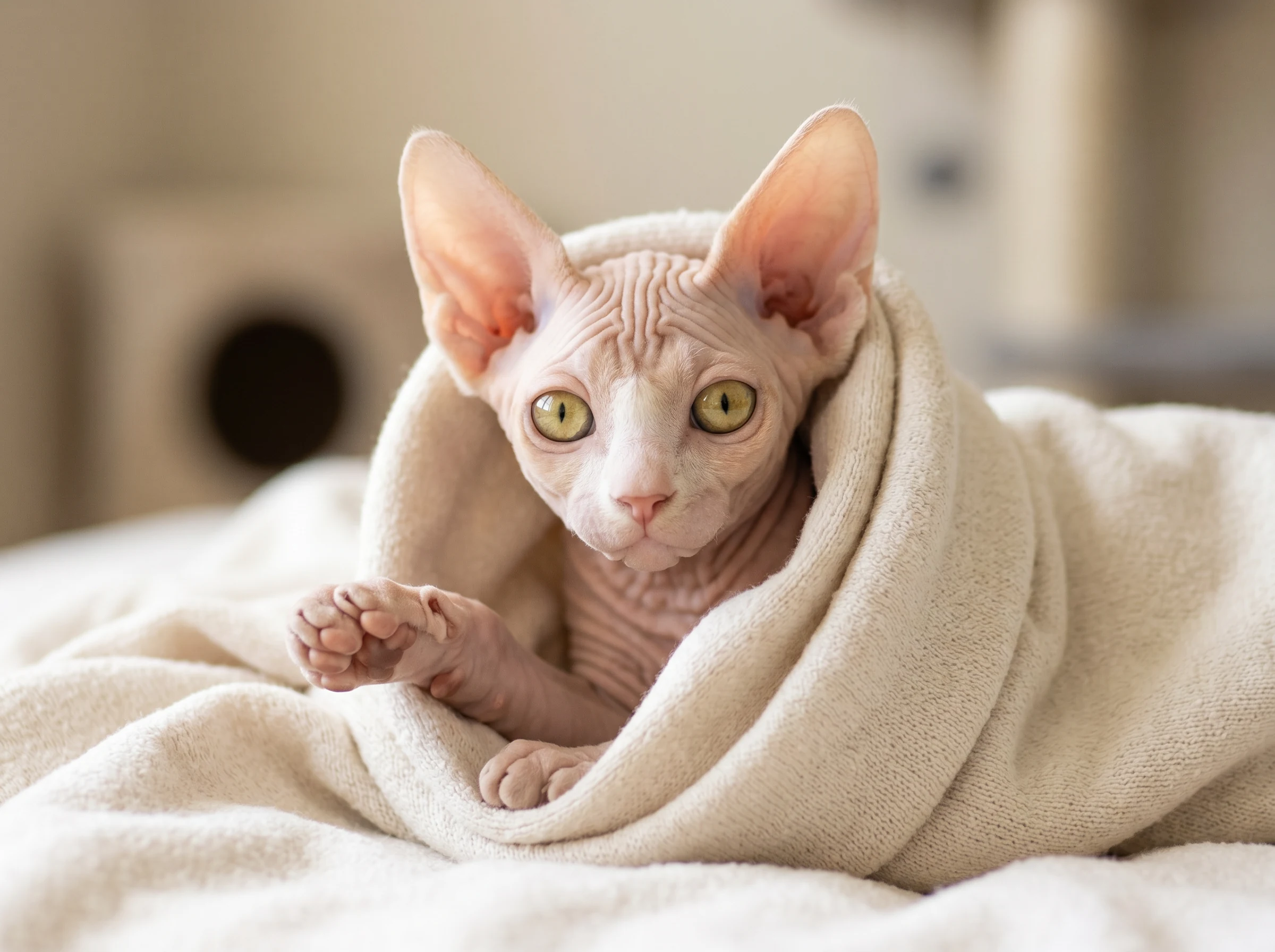 Ozzy – Playful Candid | Sphynx Kitten Kuwait Playful moment of Ozzy, WCF & CFA registered Pink & Cream Sphynx kitten available in Kuwait