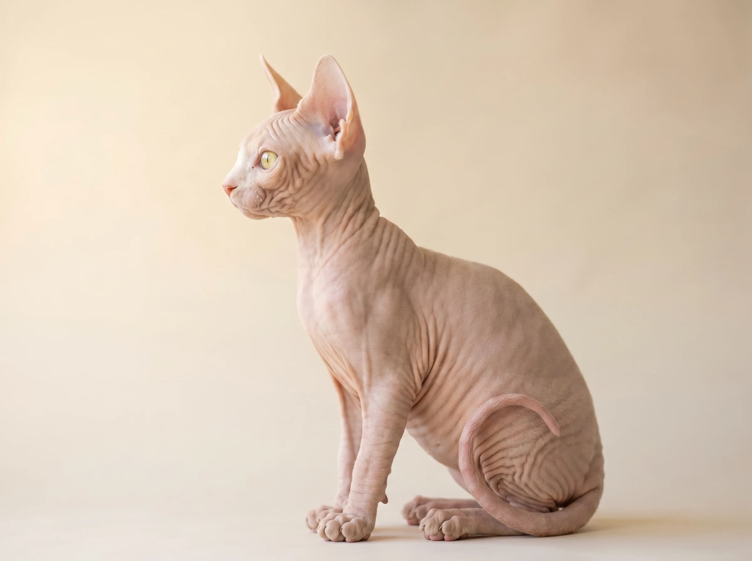 Ozzy – Side Profile | Sphynx Kitten Kuwait Side profile of Ozzy, 10-week-old Pink & Cream Sphynx male kitten in Kuwait showing oversized bat-like ears