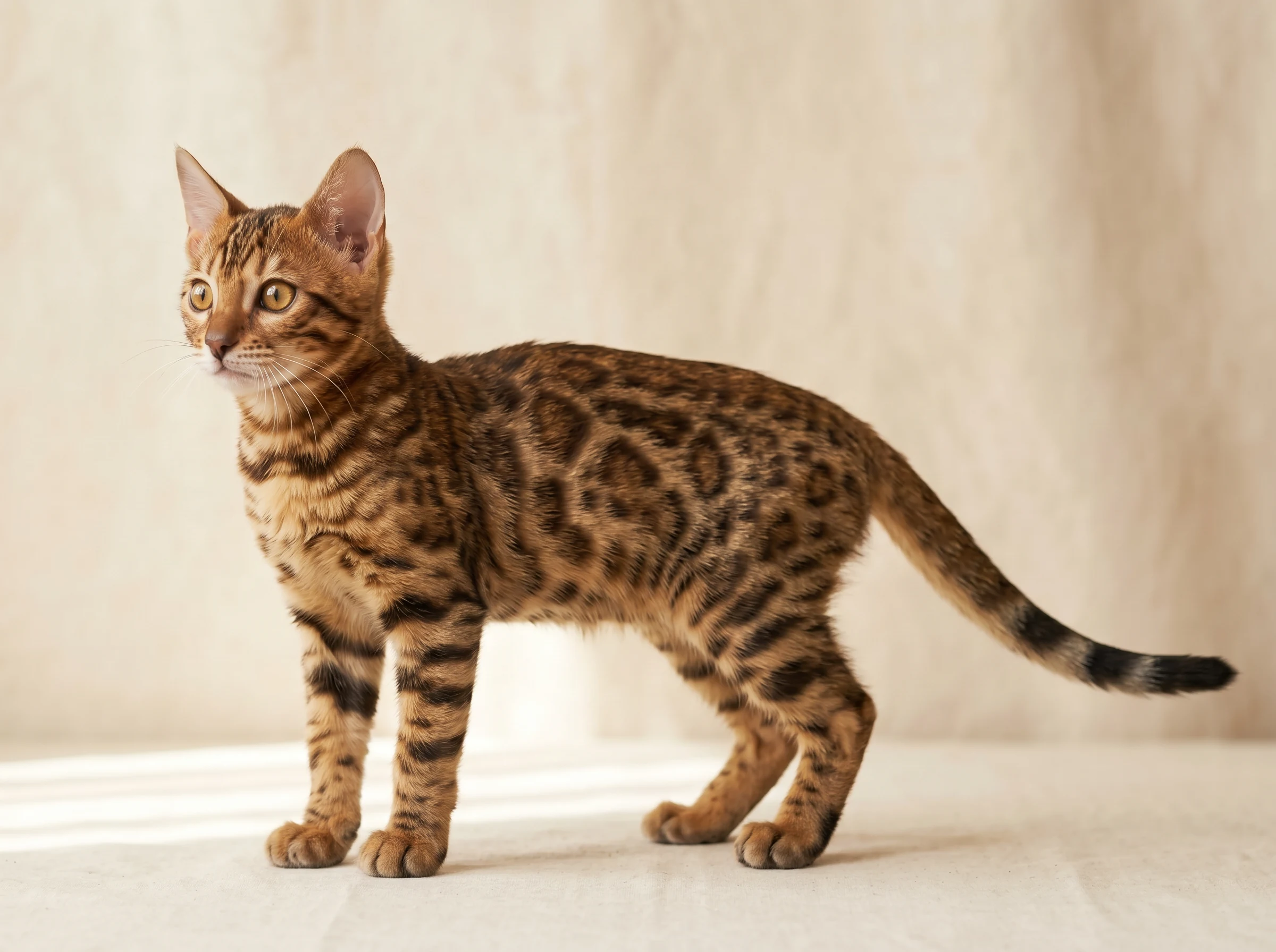 Zayd – Full Body View | Bengal Kitten Kuwait Full body view of Zayd, purebred 11-week-old Brown Rosetted Bengal male kitten for sale in Kuwait