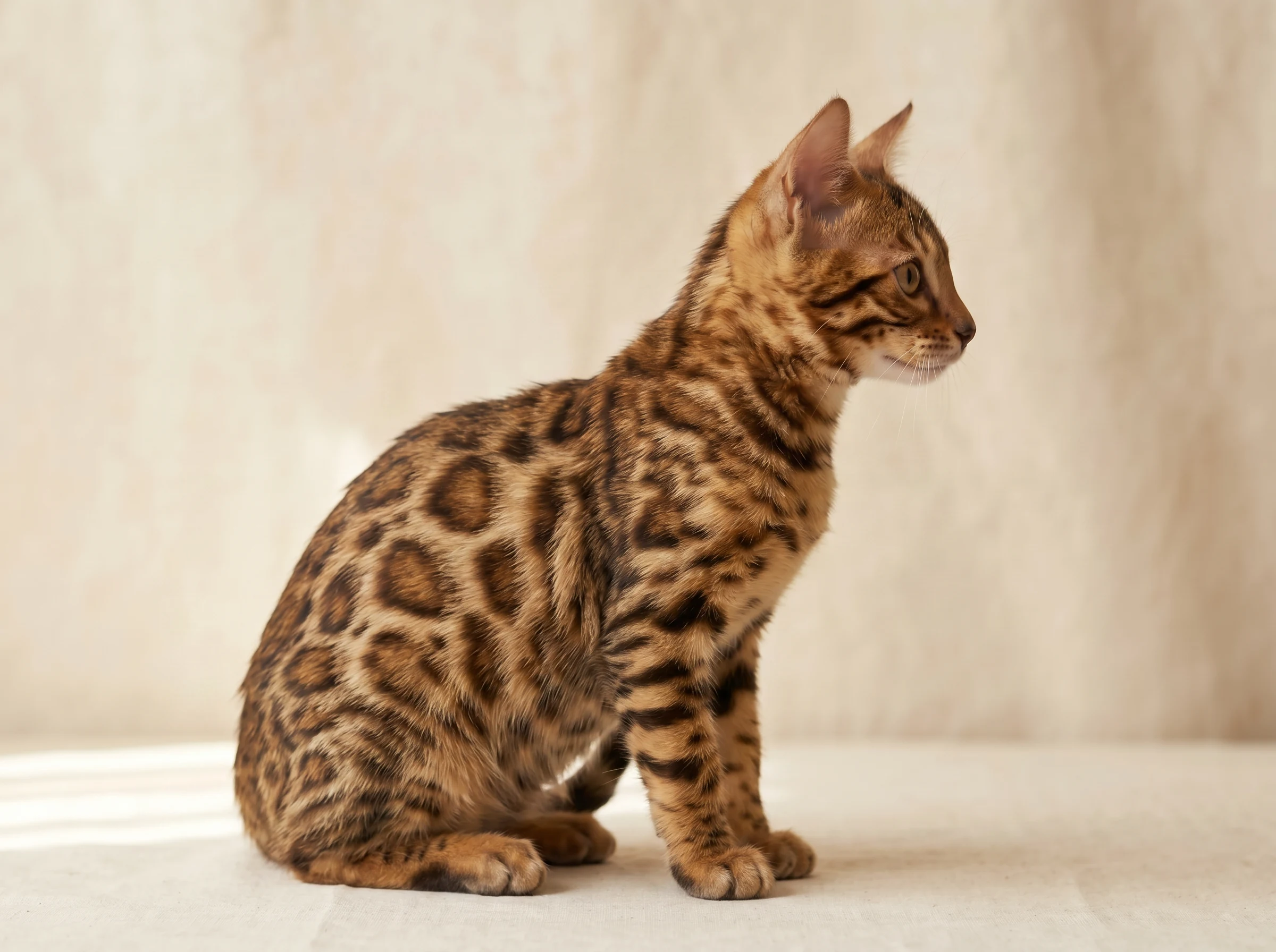 Zayd – Side Profile | Bengal Kitten Kuwait Side profile of Zayd, 11-week-old Brown Rosetted Bengal male kitten in Kuwait
